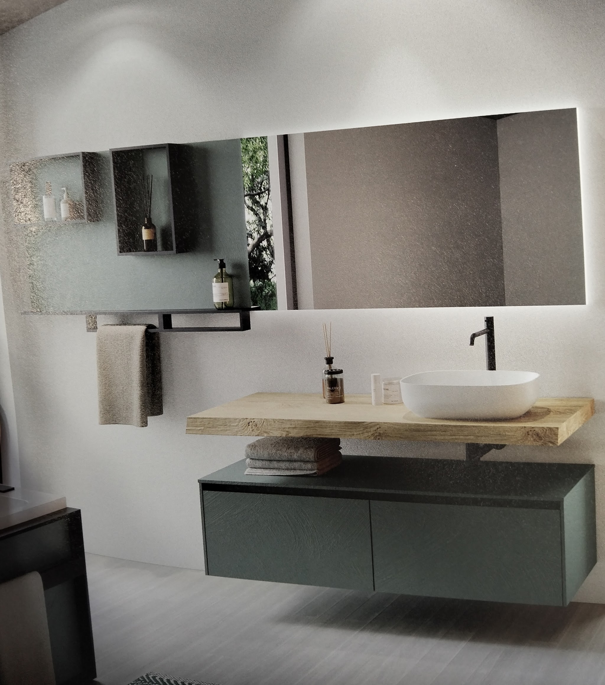 Mobile bagno sospeso con specchio retroilluminato